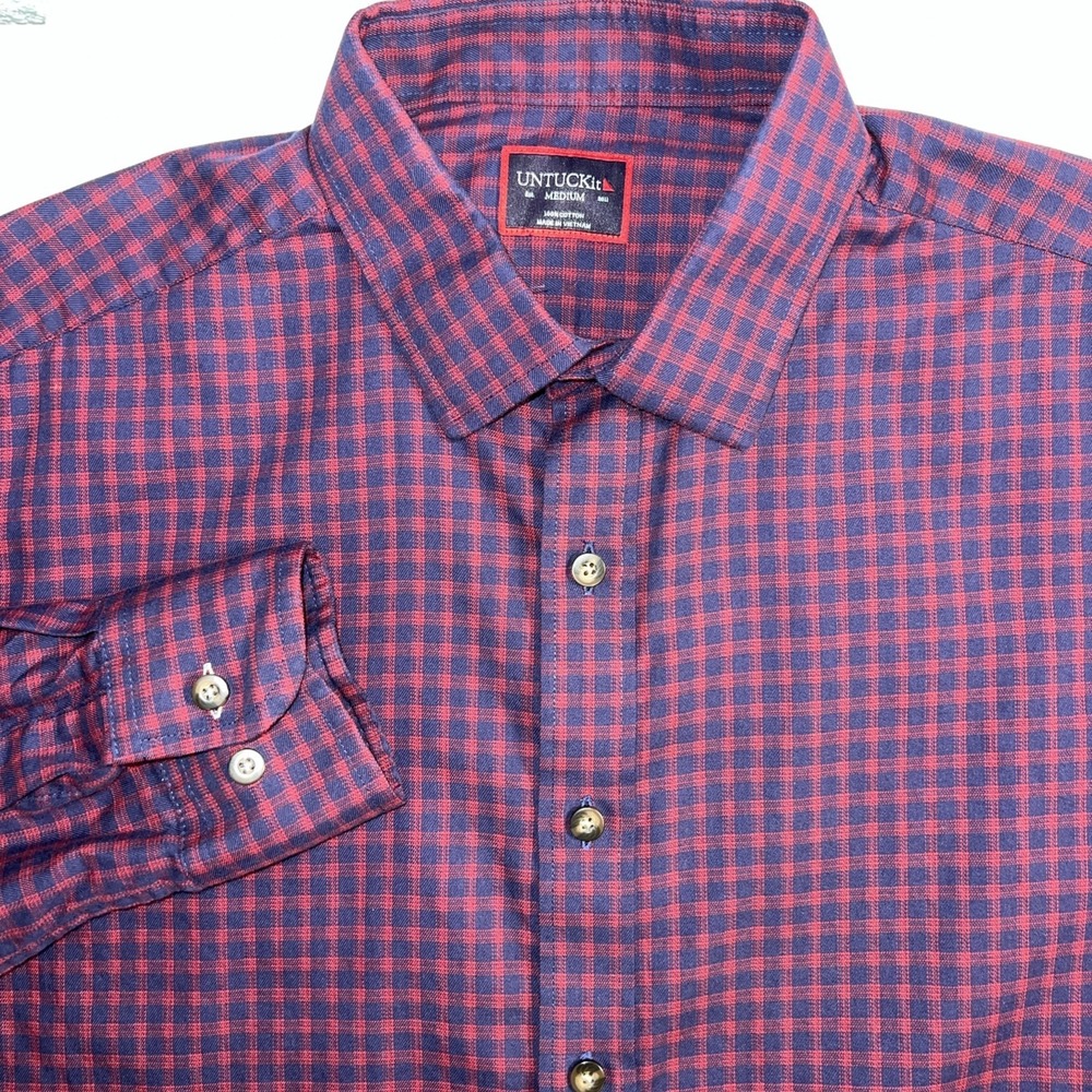 UNTUCKit Check Button-Up Shirt Red Blue Woven Cotton Long Sleeve Point- Medium